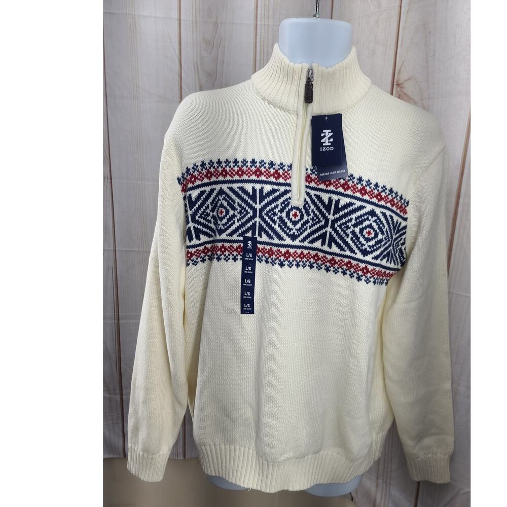 NWT IZOD Men's L 5GG Fasle Cotton Blend 1/4 Zip Long Sleeve Pullover Sweater